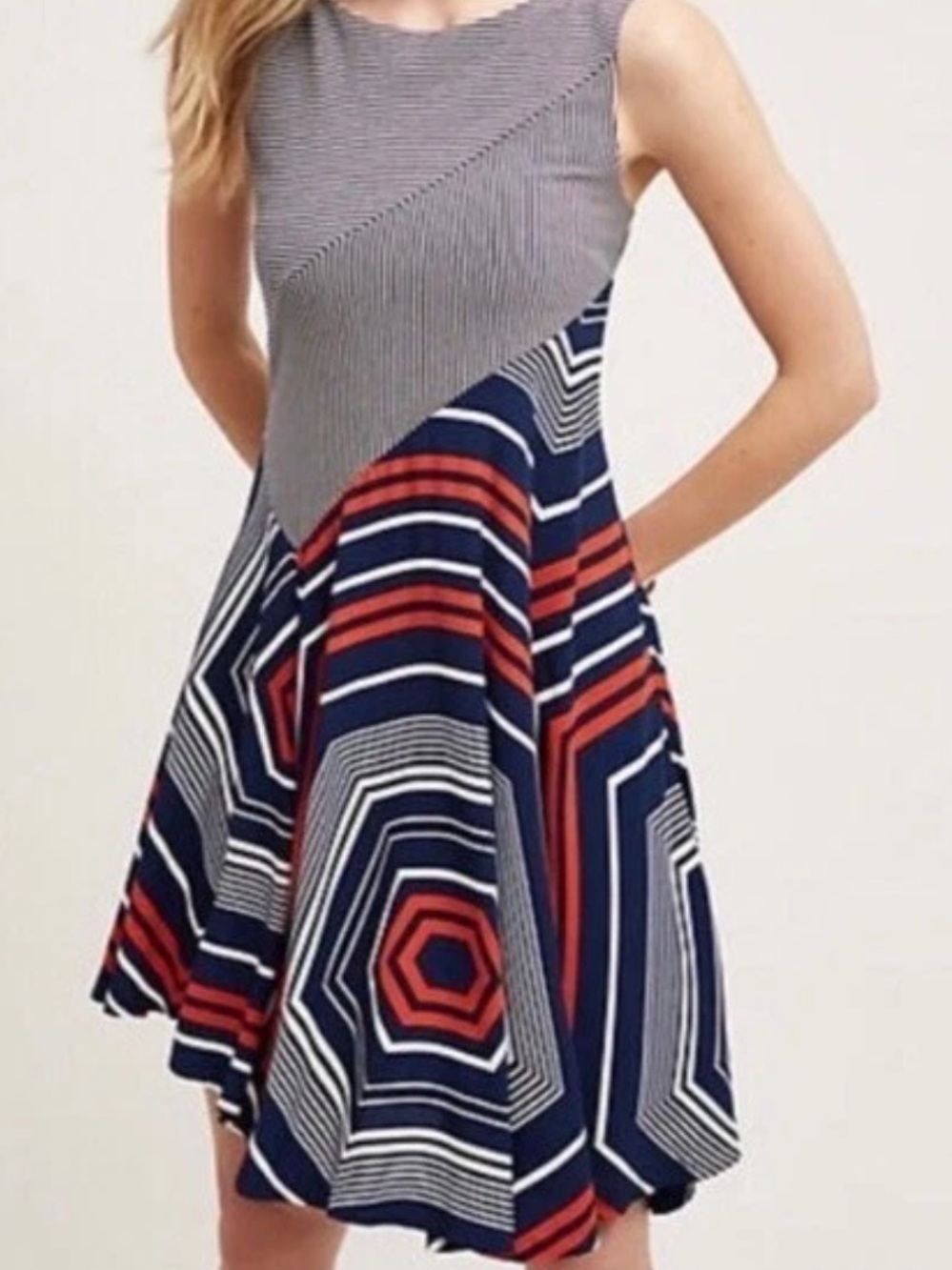 Maeve by Anthropologie "Cameron" Asymmetrical Swing Dress Navy, Red & White